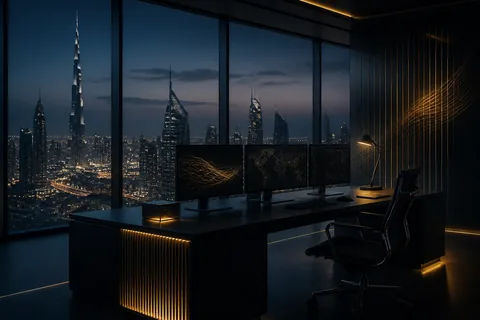 Illustrative Dubai software development studio at blue hour