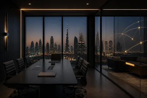 Illustrative Dubai corporate meeting space at dusk
