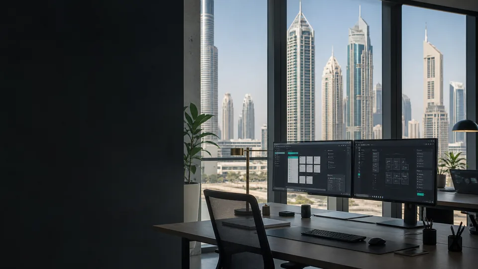 Modern software workspace overlooking Dubai