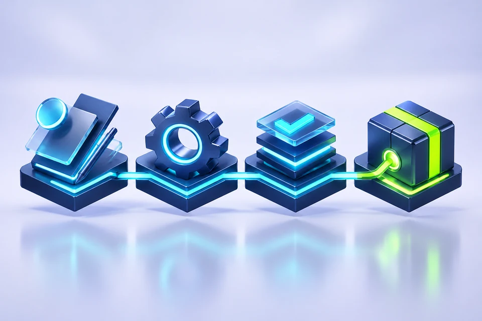 Four connected 3D modules form a staged software delivery workflow