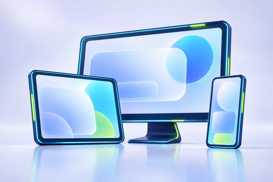 A desktop monitor, tablet, and phone with abstract interface panels